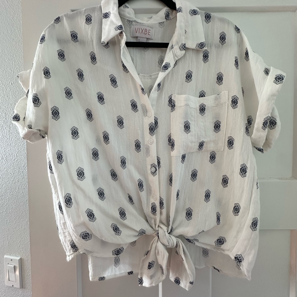 White and Blue Patterned Women's Button Down Shirt